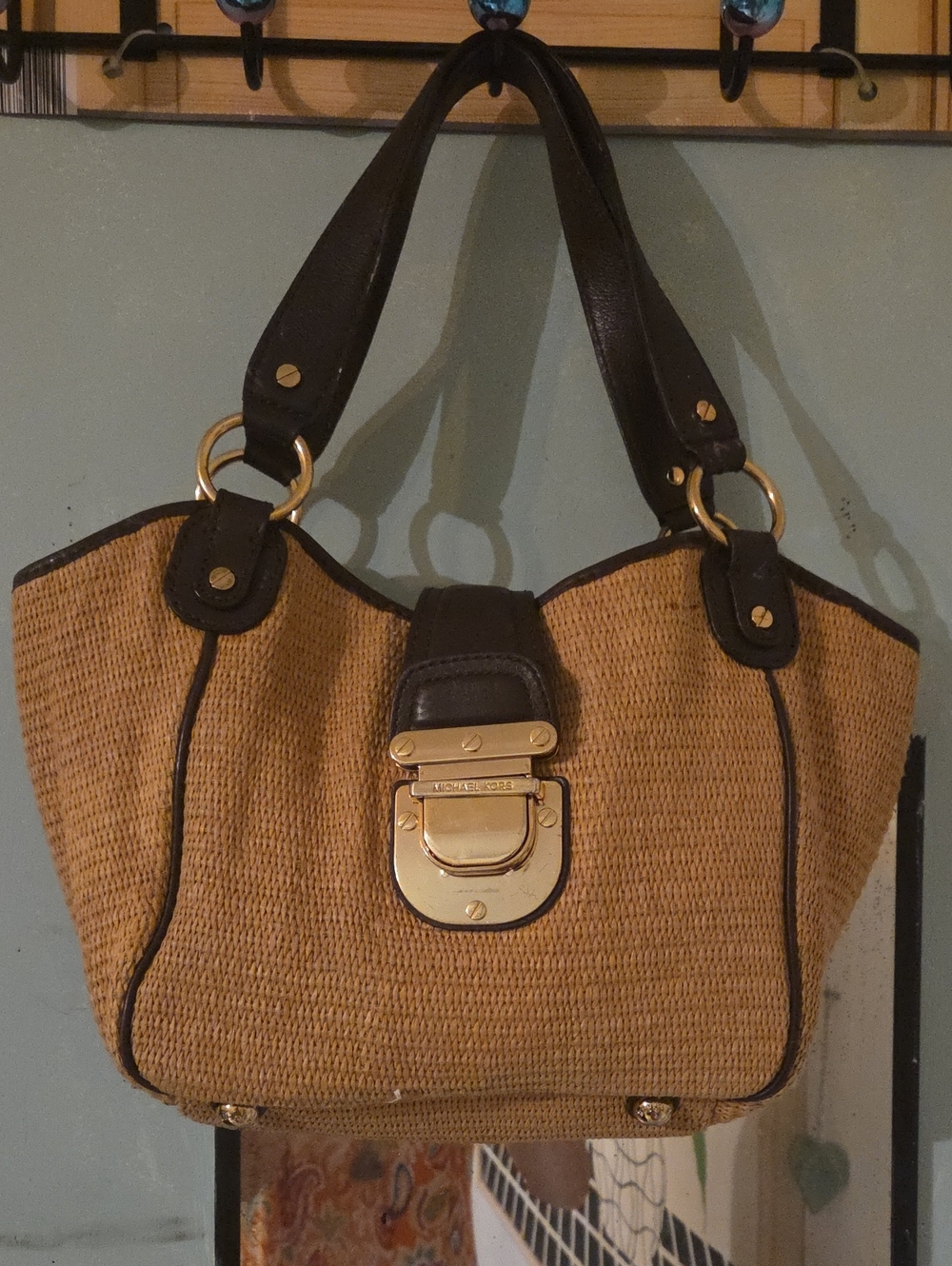 Michael Kors Tan Straw Shoulder Bag with Dark Brown Trim and Gold Hardware